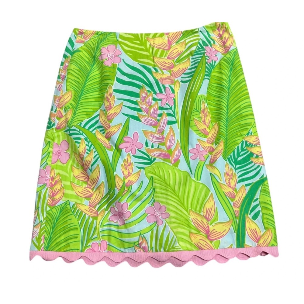 Lilly Pulitzer Mini Skirt Women 12 Green Tropical Floral Scalloped Ric Rac Hem